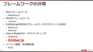 53
フレームワークの分類
• MVCフレームワーク
• Backbone.js
• MVVMフレームワーク
• Knockout
• CoffeScript対応MVCフレームワーク(クラスベースのOO）
• Batman.js
• Spine.js
• ViewとModelのデータバインディング
• Angular.js
• Ember.js
• イベント管理、非同期処理
• RxJS
 