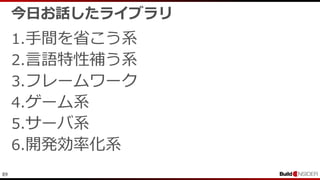 89
今日お話したライブラリ
1.手間を省こう系
2.言語特性補う系
3.フレームワーク
4.ゲーム系
5.サーバ系
6.開発効率化系
 