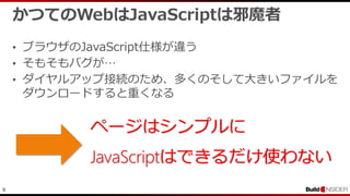 9
かつてのWebはJavaScriptは邪魔者
• ブラウザのJavaScript仕様が違う
• そもそもバグが…
• ダイヤルアップ接続のため、多くのそして大きいファイルを
ダウンロードすると重くなる
ページはシンプルに
JavaScriptはできるだけ使わない
 