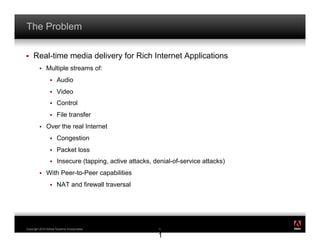 The Problem

!    Real-time media delivery for Rich Internet Applications
         !    Multiple streams of:
                 !    Audio
                 !    Video
                 !    Control
                 !    File transfer
         !    Over the real Internet
                 !    Congestion
                 !    Packet loss
                 !    Insecure (tapping, active attacks, denial-of-service attacks)
         !    With Peer-to-Peer capabilities
                 !    NAT and firewall traversal




                                                                                      ®




Copyright 2010 Adobe Systems Incorporated.                1
                                                          11

                                                          1
 