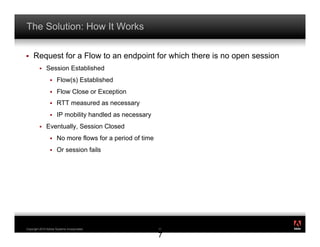 The Solution: How It Works

!    Request for a Flow to an endpoint for which there is no open session
         !    Session Established
                 !    Flow(s) Established
                 !    Flow Close or Exception
                 !    RTT measured as necessary
                 !    IP mobility handled as necessary
         !    Eventually, Session Closed
                 !    No more flows for a period of time
                 !    Or session fails




                                                                            ®




Copyright 2010 Adobe Systems Incorporated.                 1
                                                           17

                                                           7
 