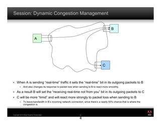 Session: Dynamic Congestion Management


                                                                                             B

                              A




                                                                                     C



!    When A is sending “real-time” traffic it sets the “real-time” bit in its outgoing packets to B
         !    And also changes its response to packet loss when sending to B to react more smoothly

!    As a result B will set the “receiving real-time not from you” bit in its outgoing packets to C
!    C will be more “timid” and will react more strongly to packet loss when sending to B
         !    To leave bandwidth in B’s incoming network connection, since there’s a nearly 50% chance that is where the
              congestion is

                                                                                                                           ®




Copyright 2010 Adobe Systems Incorporated.                       3
                                                                 34

                                                                 4
 
