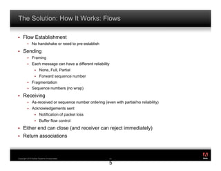 The Solution: How It Works: Flows

!    Flow Establishment
         !    No handshake or need to pre-establish
!    Sending
         !    Framing
         !    Each message can have a different reliability
                 !    None, Full, Partial
                 !    Forward sequence number
         !    Fragmentation
         !    Sequence numbers (no wrap)
!    Receiving
         !    As-received or sequence number ordering (even with partial/no reliability)
         !    Acknowledgements sent
                 !    Notification of packet loss
                 !    Buffer flow control
!    Either end can close (and receiver can reject immediately)
!    Return associations


                                                                                           ®




Copyright 2010 Adobe Systems Incorporated.                 3
                                                           35

                                                           5
 