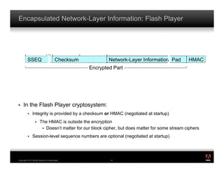 Encapsulated Network-Layer Information: Flash Player




         SSEQ                         Checksum           Network-Layer Information Pad          HMAC
                                                 Encrypted Part




!    In the Flash Player cryptosystem:
         !    Integrity is provided by a checksum or HMAC (negotiated at startup)
                 !    The HMAC is outside the encryption
                       !  Doesn’t matter for our block cipher, but does matter for some stream ciphers

         !    Session-level sequence numbers are optional (negotiated at startup)


                                                                                                         ®




Copyright 2010 Adobe Systems Incorporated.                41
 