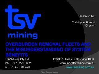 Presented by:
Christopher Braund
Director

TSV Mining Pty Ltd
M: +61 438 886 473

cbraund@tsvmining.com.au
www.tsvmining.com.au
Total System Value

 