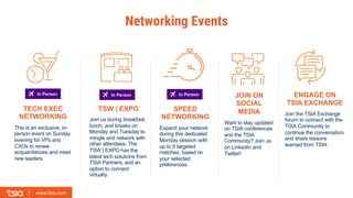 www.tsia.com
www.tsia.com
Networking Events
TECH EXEC
NETWORKING
This is an exclusive, in-
person event on Sunday
evening for VPs and
CXOs to renew
acquaintances and meet
new leaders.
TSW | EXPO
Join us during breakfast,
lunch, and breaks on
Monday and Tuesday to
mingle and network with
other attendees. The
TSW | EXPO has the
latest tech solutions from
TSIA Partners, and an
option to connect
virtually.
JOIN ON
SOCIAL
MEDIA
Want to stay updated
on TSIA conferences
and the TSIA
Community? Join us
on LinkedIn and
Twitter!
ENGAGE ON
TSIA EXCHANGE
Join the TSIA Exchange
forum to connect with the
TSIA Community to
continue the conversation
and share lessons
learned from TSW.
SPEED
NETWORKING
Expand your network
during this dedicated
Monday session with
up to 5 targeted
matches, based on
your selected
preferences.
In Person In Person In Person
 