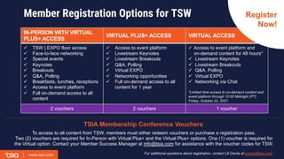 www.tsia.com
www.tsia.com For additional questions about registration, contact Lili Davila at events@tsia.com.
TSIA Membership Conference Vouchers
To access to all content from TSW, members must either redeem vouchers or purchase a registration pass.
Two (2) vouchers are required for In-Person with Virtual Plus+ and the Virtual Plus+ options. One (1) voucher is required for
the Virtual option. Contact your Member Success Manager at info@tsia.com for assistance with the voucher codes for TSW.
Member Registration Options for TSW
IN-PERSON WITH VIRTUAL
PLUS+ ACCESS
VIRTUAL PLUS+ ACCESS VIRTUAL ACCESS
ü TSW | EXPO floor access
ü Face-to-face networking
ü Special events
ü Keynotes
ü Breakouts
ü Q&A, Polling
ü Breakfasts, lunches, receptions
ü Access to event platform
ü Full on-demand access to all
content
ü Access to event platform
ü Livestream Keynotes
ü Livestream Breakouts
ü Q&A, Polling
ü Virtual EXPO
ü Networking opportunities
ü Full on-demand access to all
content for 1 year
ü Access to event platform and
on-demand content for 48 hours*
ü Livestream Keynotes
ü Livestream Breakouts
ü Q&A, Polling
ü Virtual EXPO
ü Networking via Chat
*Limited time access to on-demand content and
event platform through 12:00 Midnight (PT)
Friday, October 22, 2021.
2 vouchers 2 vouchers 1 voucher
Register
Now!
 