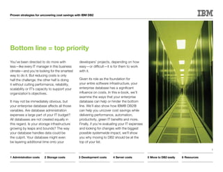 Proven strategies for uncovering cost savings with IBM DB2




Bottom line = top priority
You’ve been directed to do more with            developers’ projects, depending on how
less—like every IT manager in this business     easy—or difficult—it is for them to work
climate—and you’re looking for the smartest     with it.
way to do it. But reducing costs is only
half the challenge; the other half is doing     Given its role as the foundation for
it without cutting performance, reliability,    your entire software infrastructure, your
scalability or IT’s capacity to support your    enterprise database has a significant
organization’s objectives.                      influence on costs. In this e-book, we’ll
                                                examine the ways that your enterprise
It may not be immediately obvious, but          database can help or hinder the bottom
your enterprise database affects all those      line. We’ll also show how IBM® DB2®
variables. Are database administration          can help you uncover cost savings while
expenses a large part of your IT budget?        delivering performance, automation,
All databases are not created equally in        productivity, green IT benefits and more.
this regard. Is your storage infrastructure     Finally, if you’re evaluating your IT expenses
growing by leaps and bounds? The way            and looking for changes with the biggest
your database handles data could be             possible systemwide impact, we’ll show
the culprit. Your database might even           you why moving to DB2 should be at the
be layering additional time onto your           top of your list.

                                                                                                                                      3


1	Administration costs   2	Storage costs       3	Development costs      4	Server costs           5	Move to DB2 easily   6	Resources
 