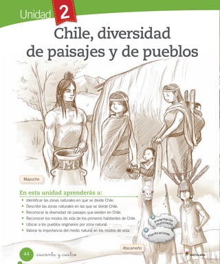_cuarenta y _cuatro
Chile, diversidad
de paisajes y de pueblos
En esta unidad aprenderás a:
• Identificar las zonas naturales en que se divide Chile.
• Describir las zonas naturales en las que se divide Chile.
• Reconocer la diversidad de paisajes que existen en Chile.
• Reconocer los modos de vida de los primeros habitantes de Chile.
• Ubicar a los pueblos originarios por zona natural.
• Valorar la importancia del medio natural en los modos de vida.
Mapuche
Atacameño
44
Chile, diversidad
Unidad 2
SOC2 U2 P44-63.indd 44 16-06-12 0:13
 