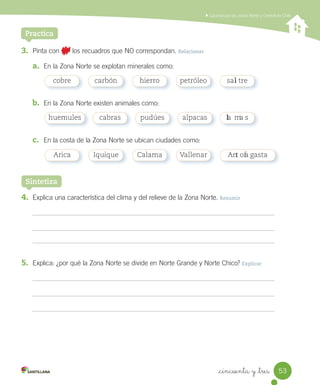 Caracterizar las zonas Norte y Central de Chile
_cincuenta y _tres 53
Practica
cobre carbón hierro petróleo sali tre
huemules cabras pudúes alpacas lla ma s
3. Pinta con los recuadros que NO correspondan. Relacionar
a. En la Zona Norte se explotan minerales como:
b. En la Zona Norte existen animales como:
c. En la costa de la Zona Norte se ubican ciudades como:
4. Explica una característica del clima y del relieve de la Zona Norte. Resumir
5. Explica: ¿por qué la Zona Norte se divide en Norte Grande y Norte Chico? Explicar
Arica Iquique Calama Vallenar Ant ofa gasta
Sintetiza
SOC2 U2 P44-63.indd 53 27-06-12 17:51
 