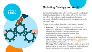 Marketing Strategy and Audit
Our marketing strategists will work closely with you through
a collaborative process to devel...