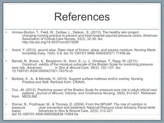 References
• Armour-Burton, T., Field, W., Outlaw, L., Deleon., E. (2013). The healthy skin project:
changing nursing practice to prevent and treat hospital-aquired pressure ulcers. American
Association of Critical-Care Nurses, 33(3), 32-39. doi:
http://dx.doi.org/10.4037/ccn2013290
• Avent, Y. (2012). wound wise. Steer clear of friction, shear, and excess moisture. Nursing Made
Incredibly Easy, 10(6), 5-8. doi:10.1097/01.NME.0000420371.77458.de
• Barrett, R., Brown, K., Bergstrom, N., Horn, S., Li, J., Omolayo, T., Rapp, M. (2013).
Construct validity of the moisture subscale of the Braden Scale for predicting pressure
sore risk. Advances in Skin & Wound Care, 26(3), 122–127. doi:
10.1097/01.ASW.0000427921.74379.c5
• Beddoe, E., A., & Menella, H. (2014). Support surface mattress and/or overlay. Nursing
Practice and Skill. Rertived from: CINAHL
• Cox, Jill. (2012). Predictive power of the Braden Scale for pressure sore risk in adult critical care
patients. Journal of Wound, Ostomy, and Continence Nursing, 39(6), 613-621. Retrieved
from: MEDLINE .
• Dorner, B., Posthauer, M., & Thomas, D. (2009). From the NPUAP. The role of nutrition in
pressure ulcer prevention and treatment: National Pressure Ulcer Advisory Panel white
paper. Advances In Skin & Wound Care, 22(5), 212-221.
doi:10.1097/01.ASW.0000350838.11854.0a
 