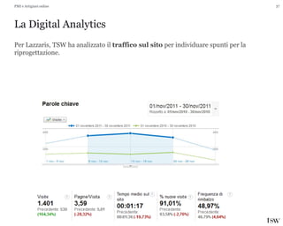 37
La Digital Analytics
PMI e Artigiani online
Per Lazzaris, TSW ha analizzato il traffico sul sito per individuare spunti per la
riprogettazione.
 