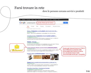 Farsi trovare in rete
dove le persone cercano servizi e prodotti
parola chiave per la ricerca
Grazie agli interventi tecnici di TSW, il
sito di Bibanesi è presente nella
prima pagina del motore di ricerca
con una parola chiave molto
concorrenziale anche per i competitor
 