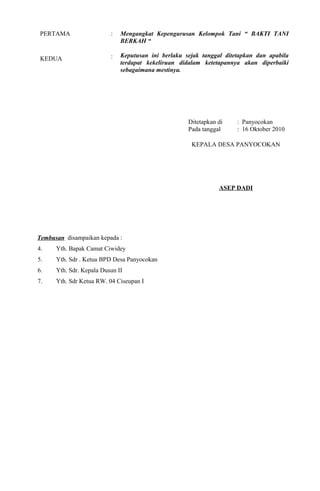 PERTAMA
KEDUA
:
:
Mengangkat Kepengurusan Kelompok Tani “ BAKTI TANI
BERKAH “
Keputusan ini berlaku sejak tanggal ditetapkan dan apabila
terdapat kekeliruan didalam ketetapannya akan diperbaiki
sebagaimana mestinya.
Ditetapkan di : Panyocokan
Pada tanggal : 16 Oktober 2010
Tembusan disampaikan kepada :
4. Yth. Bapak Camat Ciwidey
5. Yth. Sdr . Ketua BPD Desa Panyocokan
6. Yth. Sdr. Kepala Dusun II
7. Yth. Sdr Ketua RW. 04 Ciseupan I
KEPALA DESA PANYOCOKAN
ASEP DADI
 