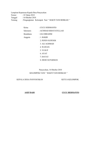 Lampiran Keputusan Kepala Desa Panyocokan
Nomor : 18 Tahun 2010
Tanggal : 16 Oktober 2010
Tentang : Pengangkatan Kelompok Tani ‘’ BAKTI TANI BERKAH ‘’
Ketua : CUCU HERMANTO
Sekretaris : ACHMAD HIDAYATULLAH
Bendahara : LILI IBRAHIM
Anggota : 1. BAKRI
2. PEPEN SUPENDI
3. ALI AGHMAD
4. WAWAN
5. YUSUP
6. AYAT
7. DAYAT
8. DEDE SUPARMAN
Panyocokan, 16 Oktober 2010
KELOMPOK TANI ‘’ BAKTI TANI BERKAH ‘’
KEPALA DESA PANYOCOKAN KETUA KELOMPOK
ASEP DADI CUCU HERMANTO
 