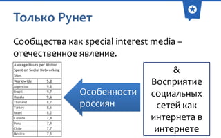 Только Рунет
Сообщества как special interest media –
отечественное явление.
Average Hours per Visitor
Spent on Social Networking
Sites
Worldwide

5,2

Argentina

9,8

Brazil

9,7

Russia

9,6

Thailand

8,7

Turkey

8,6

Israel

8,2

Canada

7,9

Peru

7,9

Chile

7,7

Mexico

7,5

Особенности
россиян

&
Восприятие
социальных
сетей как
интернета в
интернете

 