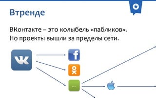 Втренде
ВКонтакте – это колыбель «пабликов».
Но проекты вышли за пределы сети.

…

 