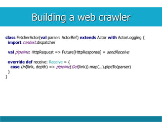 Building a web crawler
class FetcherActor(val parser: ActorRef) extends Actor with ActorLogging {
import context.dispatcher
val pipeline: HttpRequest => Future[HttpResponse] = sendReceive
override def receive: Receive = {
case Url(link, depth) => pipeline(Get(link)).map(…).pipeTo(parser)
}
}
 
