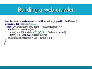 Building a web crawler
class ParserActor extends Actor with ActorLogging with HtmlParser {
override def receive: Receive = {
case UrlContents(Url(link, depth), resp, requester) =>
val links = parseHtml(resp)
.map(l => if (l.matches("^[/#].*")) link + l else l)
.filter(l => Try(new Url(l)).isSuccess
links.foreach(requester ! Url(_, depth + 1))
}
}
 