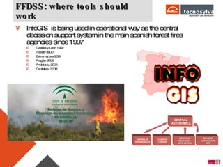 FFDSS: where tools should work InfoGIS  is being used in operational way as the central decission support system in the main spanish forest fires agencies since 1997 Castilla y León 1997  Toledo 2000 Extremadura 2001 Aragón 2005 Andalucía 2006 Cantabria 2008 