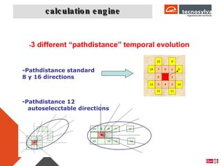 c alculation engine Propagadores de Incendios Forestales - 3 different “pathdistance” temporal evolution  -Pathdistance standard 8 y 16 directions -Pathdistance 12 autoselecctable directions 