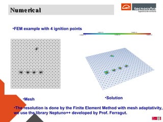 Numerical Mesh The resolution is done by the Finite Element Method with mesh adaptativity, we use the library Neptuno++ developed by Prof. Ferragut. Solution FEM example with 4 ignition points 