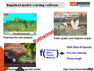 Empirical model: existing software http://www.firemodels.org/ Rothermel  Potential fire risk analysis Table, graph, and diagram output   2-dimensional fire growth model   ROS (Rate Of Spread) Fire line intensity Flame length Fuel type Wind Terrain Moisture f( ) 