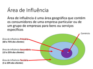 Área de Influência
Área de influência é uma área geográfica que contém
os consumidores de uma empresa particular ou de
um ...