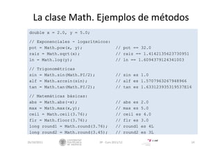 La clase Math. Ejemplos de métodos
double x = 2.0, y = 5.0;
// Exponenciales - logarítmicos:
pot = Math.pow(x, y); // pot == 32.0
raiz = Math.sqrt(x); // raiz == 1.4142135623730951
ln = Math.log(y); // ln == 1.6094379124341003
// Trigonométricas
sin = Math.sin(Math.PI/2); // sin es 1.0
alf = Math.arcsin(sin); // alf es 1.5707963267948966
tan = Math.tan(Math.PI/2); // tan es 1.633123935319537E16
// Matemáticas básicas:
abs = Math.abs(-x); // abs es 2.0
max = Math.max(x,y); // max es 5.0
ceil = Math.ceil(3.76); // ceil es 4.0
flr = Math.floor(3.76); // flr es 3.0
long round1 = Math.round(3.76); // round1 es 4L
long round2 = Math.round(3.45); // round2 es 3L
26/10/2011 IIP ‐ Curs 2011/12 14
 