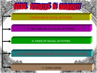 SOCIAL  ACTIVITIES  IN  UNIVERSITY I. DEFINITION OF SOCIAL ACTIVITIES II. THE PURPOSE OF SOCIAL ACTIVITIES III. KINDS OF SOCIAL ACTIVITIES IV. THE CHARACTERISTICS NEED TO DO SOCIAL ACTIVITIES V. CONCLUSION 
