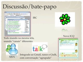 Discussão/bate-papo
                        IRC




                                                  Novo ICQ
Todo mundo na mesma tela,
usando “canais” diferentes




             Integrado ao Gmail, nasce o Gtalk,
    MSN      com conversação “agrupada”
 