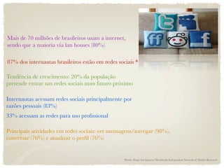Mais de 70 milhões de brasileiros usam a internet,
sendo que a maioria via lan houses (80%)

87% dos internautas brasileiros estão em redes sociais *

Tendência de crescimento: 20% da população
pretende entrar nas redes sociais num futuro próximo

Internautas acessam redes sociais principalmente por
razões pessoais (83%)
33% acessam as redes para uso proﬁssional

Principais atividades em redes sociais: ver mensagens/navegar (98%),
conversar (76%) e atualizar o perﬁl (76%)


                                                  *Fonte: Ibope Inteligência/Worldwide Independent Network of Market Research
 