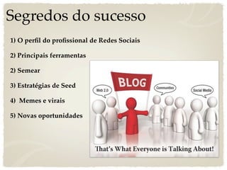Segredos do sucesso
1) O perﬁl do proﬁssional de Redes Sociais

2) Principais ferramentas

2) Semear

3) Estratégias de Seed

4) Memes e virais

5) Novas oportunidades
 