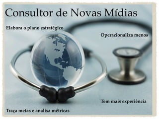 Consultor de Novas Mídias
Elabora o plano estratégico
                                 Operacionaliza menos




                                 Tem mais experiência

Traça metas e analisa métricas
 
