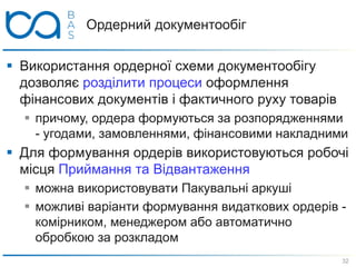 Ордерний документообіг
 Використання ордерної схеми документообігу
дозволяє розділити процеси оформлення
фінансових документів і фактичного руху товарів
 причому, ордера формуються за розпорядженнями
- угодами, замовленнями, фінансовими накладними
 Для формування ордерів використовуються робочі
місця Приймання та Відвантаження
 можна використовувати Пакувальні аркуші
 можливі варіанти формування видаткових ордерів -
комірником, менеджером або автоматично
обробкою за розкладом
32
 