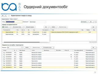 Ордерний документообіг
 Використання ордерної схеми документообігу
дозволяє розділити процеси оформлення
фінансових документів і фактичного руху товарів
 причому, ордера формуються за розпорядженнями
- угодами, замовленнями, фінансовими накладними
 Для формування ордерів використовуються робочі
місця Приймання та Відвантаження
 можна використовувати Пакувальні аркуші
 можливі варіанти формування видаткових ордерів -
комірником, менеджером або автоматично
обробкою за розкладом
33
 
