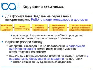 Керування доставкою
 Для формування Завдань на перевезення
використовують Робоче місце менеджера з доставки
 при розподілі замовлень по автомобілях проводиться
контроль завантаження за вагою й обсягом
 Варіанти роботи складу:
 оформлення завдання на перевезення з подальшою
видачою завдання комірникам на формування
відвантаження по рейсам
 видача комірникам розпорядження на відвантаження з
паралельним формуванням завдання на доставку
 комплектація рейсу здійснюється додатково
Замовлення
на
доставку
Вибір
автотранспорту
Розподіл
замовлень
по автомобілям
Поетапна і позамовна
фіксація виконання
завдання на перевезення
Завантаження
і формування
документів
37
 