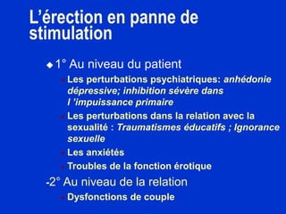 1° Au niveau du patient
 Les perturbations psychiatriques: anhédonie
dépressive; inhibition sévère dans
l ’impuissance primaire
 Les perturbations dans la relation avec la
sexualité : Traumatismes éducatifs ; Ignorance
sexuelle
 Les anxiétés
 Troubles de la fonction érotique
-2° Au niveau de la relation
 Dysfonctions de couple
L’érection en panne de
stimulation
 