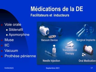 15/05/2023 Septembre 2001 17
Médications de la DE
Facilitateurs et inducteurs
 Voie orale
 Sildenafil
 Apomorphine
 Muse
 IIC
 Vacuum
 Prothèse pénienne
 