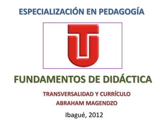 ESPECIALIZACIÓN EN PEDAGOGÍA




FUNDAMENTOS DE DIDÁCTICA
     TRANSVERSALIDAD Y CURRÍCULO
         ABRAHAM MAGENDZO
           Ibagué, 2012
 