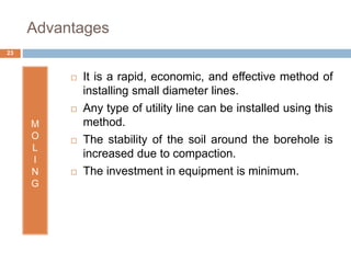 Advantages
M
O
L
I
N
G
 It is a rapid, economic, and effective method of
installing small diameter lines.
 Any type of utility line can be installed using this
method.
 The stability of the soil around the borehole is
increased due to compaction.
 The investment in equipment is minimum.
23
 