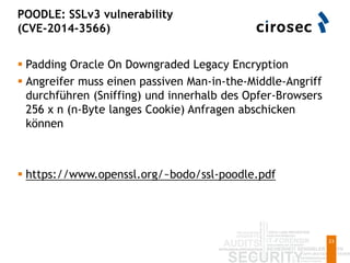 POODLE: SSLv3 vulnerability
(CVE-2014-3566)
23
 Padding Oracle On Downgraded Legacy Encryption
 Angreifer muss einen passiven Man-in-the-Middle-Angriff
durchführen (Sniffing) und innerhalb des Opfer-Browsers
256 x n (n-Byte langes Cookie) Anfragen abschicken
können
 https://www.openssl.org/~bodo/ssl-poodle.pdf
 