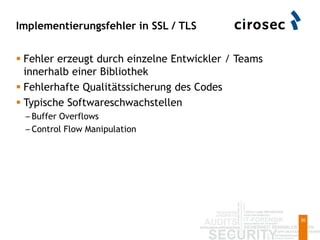 Implementierungsfehler in SSL / TLS
30
 Fehler erzeugt durch einzelne Entwickler / Teams
innerhalb einer Bibliothek
 Fehlerhafte Qualitätssicherung des Codes
 Typische Softwareschwachstellen
– Buffer Overflows
– Control Flow Manipulation
 