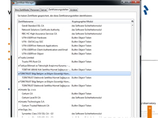 Vertrauenswürdige CAs in Browsern
38
 Keine zentrale Datenbank
 Internet Explorer / M$ CTL
 Mozilla Firefox
 iOS / Android
 Insgesamt über 650 CAs
inklusive Sub-CAs
Quelle: https://www.eff.org/observatory
 