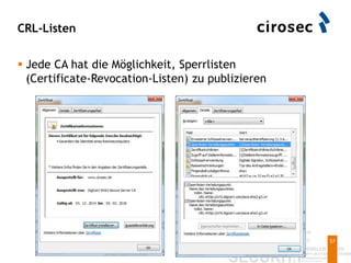 CRL-Listen
57
 Jede CA hat die Möglichkeit, Sperrlisten
(Certificate-Revocation-Listen) zu publizieren
 