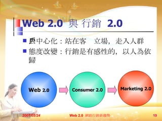 Web 2.0  c N  2.0 ȥĻվڿ͑Ⱥ Bȸ׃NиԵģ˞w 2007/05/24 Web 2.0  W·Nڅ  Consumer 2.0 Web  2.0 Marketing 2.0 