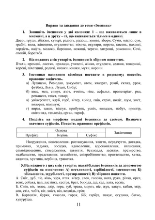 11
Вправи та завдання до теми «Іменник»
1. Запишіть іменники у дві колонки: 1 – що вживаються лише в
множині, а в другу – ті, що вживаються тільки в однині.
Двері, груди, збіжжя, кучері, радість, радощі, жнива, збори, Суми, масло, сум,
граблі, вила, жіноцтво, студентство, піхота, окуляри, ворота, кисень, пахощі,
гордість, нафта, молоко, борошно, ножиці, терези, хитрощі, роковини, Сочі,
спокій, боротьба.
2. Від поданих слів утворіть іменники із збірним поняттям.
Птахи, промені, листки, прилади, учителі, жінки, студенти, селяни, товариші,
корені, піхотинці, родичі, козаки, юнаки, мухи, ворони.
3. Іменники називного відмінка поставте в родовому; поясніть
правопис закінчень.
а) Луганськ, Ромодан, документ, атом, квадрат, ромб, склад, урок,
футбол, Львів, Луцьк, Сибір;
б) квас, мед, спирт, азот, ячмінь, гіпс, асфальт, пролетаріат, ряд,
реманент, текст, товар;
в) університет, клуб, горб, вітер, холод, гнів, страх, політ, шум, хист,
колорит, мінімум;
г) вираз, закон, відгук, прибуток, успіх, випадок, побут, простір,
світогляд, теплохід, орган, тариф.
4. Поділіть на морфеми подані іменники за схемою. Визначте
значення суфіксів. Поясніть правопис префіксів.
Основа
Закінчення
Префікс Корінь Суфікс
Напруження, поневолення, розташування, злиття, передчуття, догадка,
примовка, задувка, посадка, вдоволення, вдосконалення, написання,
співвідношення, ствердження, завзяття, безлюддя, засилля, презирство,
недбальство, представник, зазнайство, співробітництво, приятельство, хатка,
садочок, хустина, вербиця, травичка.
5.Від кожного з цих слів утворіть якнайбільше іменників за допомогою
суфіксів на означення: А) пестливості, здрібнілості, зменшення; Б)
збільшення, згрубілості, презирливості; В) збірного поняття.
А. Сніг, дуб, ліс, кінь, зоря, птах, вітер, слон, голова, нога, рука, річка, орел,
вовк, собака, цап, ластівка, сестра, брат, борода, дід, сад, хата, весна;
Б. Сніп, віз, голос, двір, гора, зуб, трава, мороз, ніс, жук, кавун, кабан, звір,
сон, стіл, чобіт, кіт, хвіст, віл, ведмідь, грім;
В. Картопля, буряк, квасоля, горох, біб, гарбуз, павук, огудина, багно,
кукурудза.
 