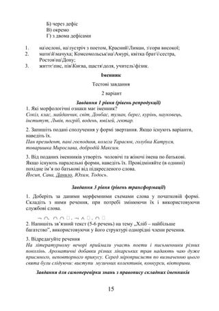 15
Б) через дефіс
В) окремо
Г) з двома дефісами
1. наослоні, назустріч з поетом, КраснийЛиман, згори високої;
2. матиймачуха; КомсомольськнаАмурі, квітка братісестра,
РостовнаДону;
3. життєпис, півКиєва, щастядоля, учительфізик.
Іменник
Тестові завдання
2 варіант
Завдання 1 рівня (рівень репродукції)
1. Які морфологічні ознаки має іменник?
Сокіл, клас, майданчик, світ, Донбас, туман, берег, курінь, науковець,
інститут, Львів, погріб, водень, ювілей, гектар.
2. Запишіть подані сполучення у формі звертання. Якщо існують варіанти,
наведіть їх.
Пан президент, пані господиня, колега Тарасюк, голубка Катруся,
товаришка Мирослава, добродій Максим.
3. Від поданих іменників утворіть чоловічі та жіночі імена по батькові.
Якщо існують паралельні форми, наведіть їх. Провідміняйте (в однині)
похідне ім’я по батькові від підкресленого слова.
Йосип, Сава, Данило, Юхим, Тодось.
Завдання 3 рівня (рівень трансформації)
1. Доберіть за даними морфемними схемами слова у початковій формі.
Складіть з ними речення, при потребі змінюючи їх і використовуючи
службові слова.
 .   .   .  
2. Напишіть зв’язний текст (5-6 речень) на тему „Хліб – найбільше
багатство”, використовуючи у його структурі однорідні члени речення.
3. Відредагуйте речення
На літературному вечорі приймали участь поети і письменники різних
поколінь. Ароматичні добавки різних лікарських трав надають чаю дуже
приємного, неповторного прикусу. Серед міроприємств по визначенню цього
свята були слідуючи: виступи музичних колективів, конкурси, вікторини.
Завдання для самоперевірки знань з правопису складних іменників
 