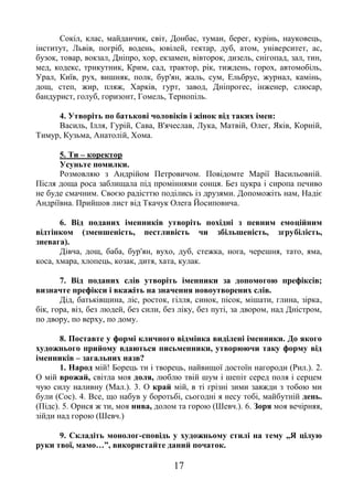 17
Сокіл, клас, майданчик, світ, Донбас, туман, берег, курінь, науковець,
інститут, Львів, погріб, водень, ювілей, гектар, дуб, атом, університет, ас,
бузок, товар, вокзал, Дніпро, хор, екзамен, вівторок, дизель, снігопад, зал, тин,
мед, кодекс, трикутник, Крим, сад, трактор, рік, тиждень, горох, автомобіль,
Урал, Київ, рух, вишняк, полк, бур'ян, жаль, сум, Ельбрус, журнал, камінь,
дощ, степ, жир, пляж, Харків, гурт, завод, Дніпрогес, інженер, слюсар,
бандурист, голуб, горизонт, Гомель, Тернопіль.
4. Утворіть по батькові чоловіків і жінок від таких імен:
Василь, Ілля, Гурій, Сава, В'ячеслав, Лука, Матвій, Олег, Яків, Корній,
Тимур, Кузьма, Анатолій, Хома.
5. Ти – коректор
Усуньте помилки.
Розмовляю з Андрійом Петровичом. Повідомте Марії Васильовній.
Після доща роса заблищала під проміннями сонця. Без цукра і сиропа печиво
не буде смачним. Своєю радісттю поділись із друзями. Допоможіть нам, Надіє
Андріївна. Прийшов лист від Ткачук Олега Йосиповича.
6. Від поданих іменників утворіть похідні з певним емоційним
відтінком (зменшеність, пестливість чи збільшеність, згрубілість,
зневага).
Дівча, дощ, баба, бур'ян, вухо, дуб, стежка, нога, черешня, тато, яма,
коса, хмара, хлопець, козак, дитя, хата, кулак.
7. Від поданих слів утворіть іменники за допомогою префіксів;
визначте префікси і вкажіть на значення новоутворених слів.
Дід, батьківщина, ліс, росток, гілля, синок, пісок, мішати, глина, зірка,
бік, гора, віз, без людей, без сили, без ліку, без путі, за двором, над Дністром,
по двору, по верху, по дому.
8. Поставте у формі кличного відмінка виділені іменники. До якого
художнього прийому вдаються письменники, утворюючи таку форму від
іменників – загальних назв?
1. Народ мій! Борець ти і творець, найвищої достоїн нагороди (Рил.). 2.
О мій врожай, світла моя доля, люблю твій шум і шепіт серед поля і серцем
чую силу наливну (Мал.). 3. О край мій, в ті грізні зими завжди з тобою ми
були (Сос). 4. Все, що набув у боротьбі, сьогодні я несу тобі, майбутній день.
(Підс). 5. Орися ж ти, моя нива, долом та горою (Шевч.). 6. Зоря моя вечірняя,
зійди над горою (Шевч.)
9. Складіть монолог-сповідь у художньому стилі на тему „Я цілую
руки твої, мамо…”, використайте даний початок.
 